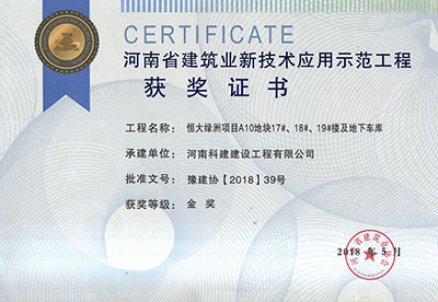 “恒大綠洲項目A10地塊17#、18#、19#樓及地下車庫工程”榮獲“河南省建筑業(yè)新技術(shù)應(yīng)用示范工程”金獎